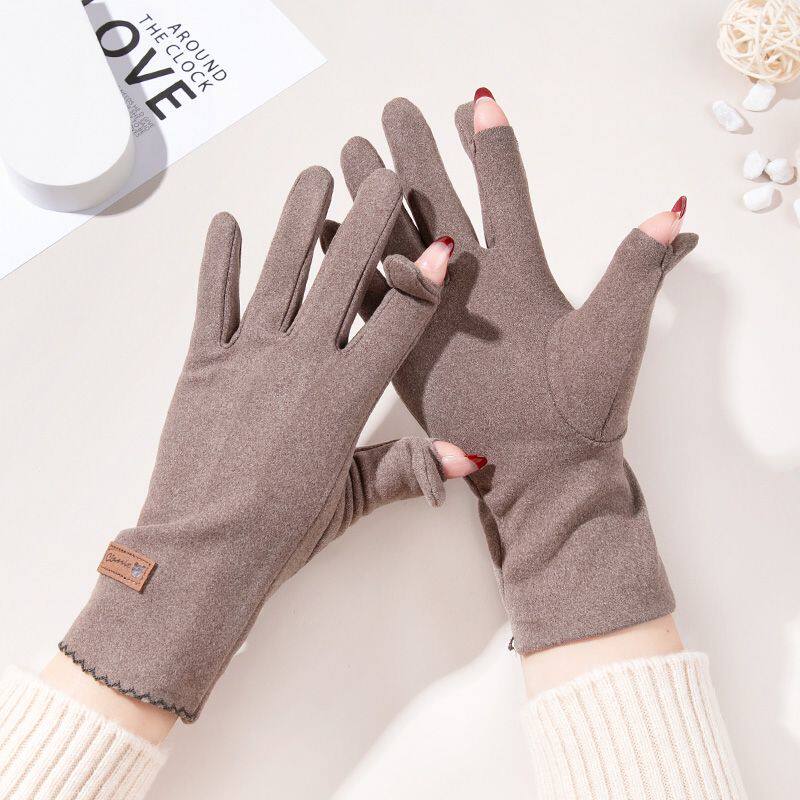 可以玩手机的手套女士手套冬天保暖防寒防风翻盖露指漏二指德绒不