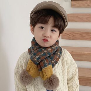围巾女生儿童围巾男童女童宝宝韩版格子针织围脖可爱保暖加厚毛球