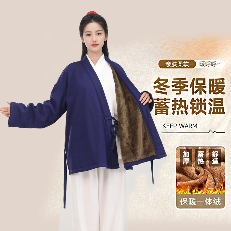 加绒秋冬斜襟汉服男女款加厚竹节麻斜襟短款汉服道系保暖上衣禅服