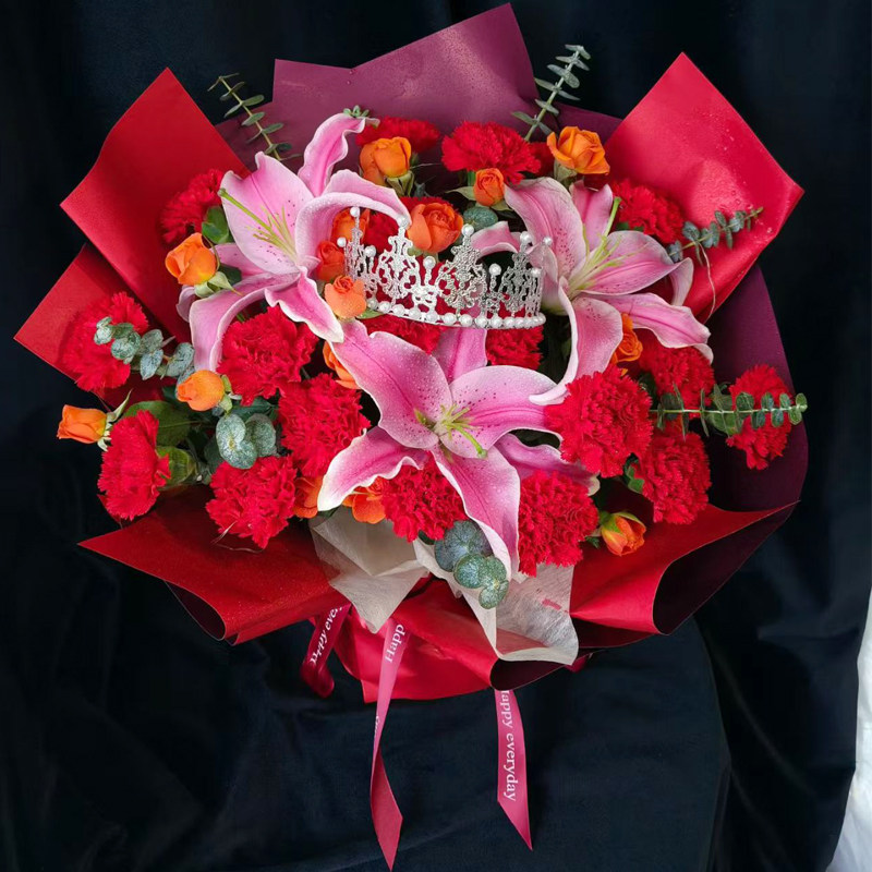 百合康乃馨混搭花束同城速递生日送女友老师情人节母亲节礼物兰州