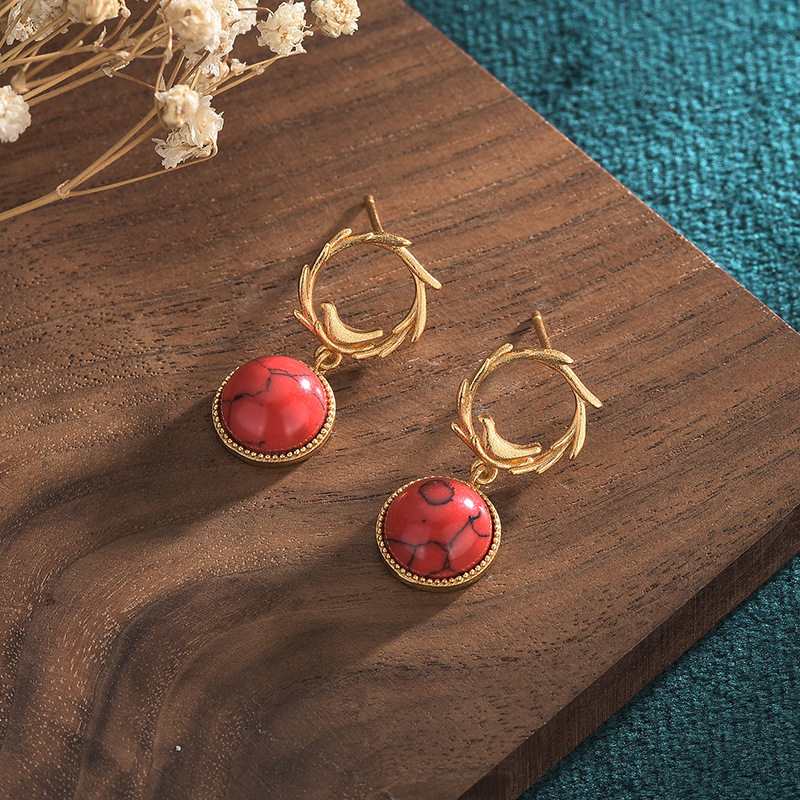 网红中国风汉服旗袍耳饰古法金工艺橄榄枝松石耳环耳钉女