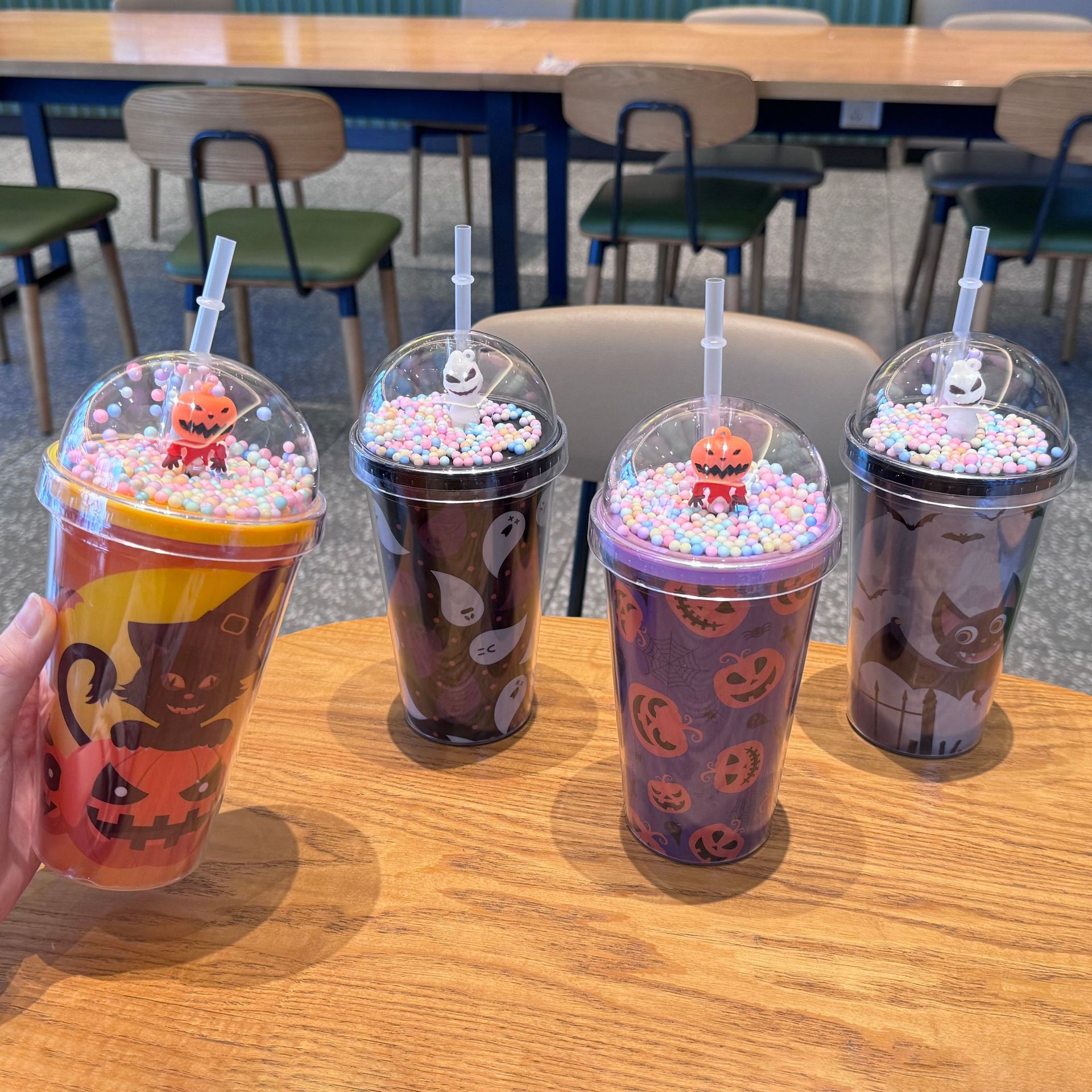 卡通万圣节鬼节塑料水杯双层微景观儿童塑料吸管杯奶茶杯