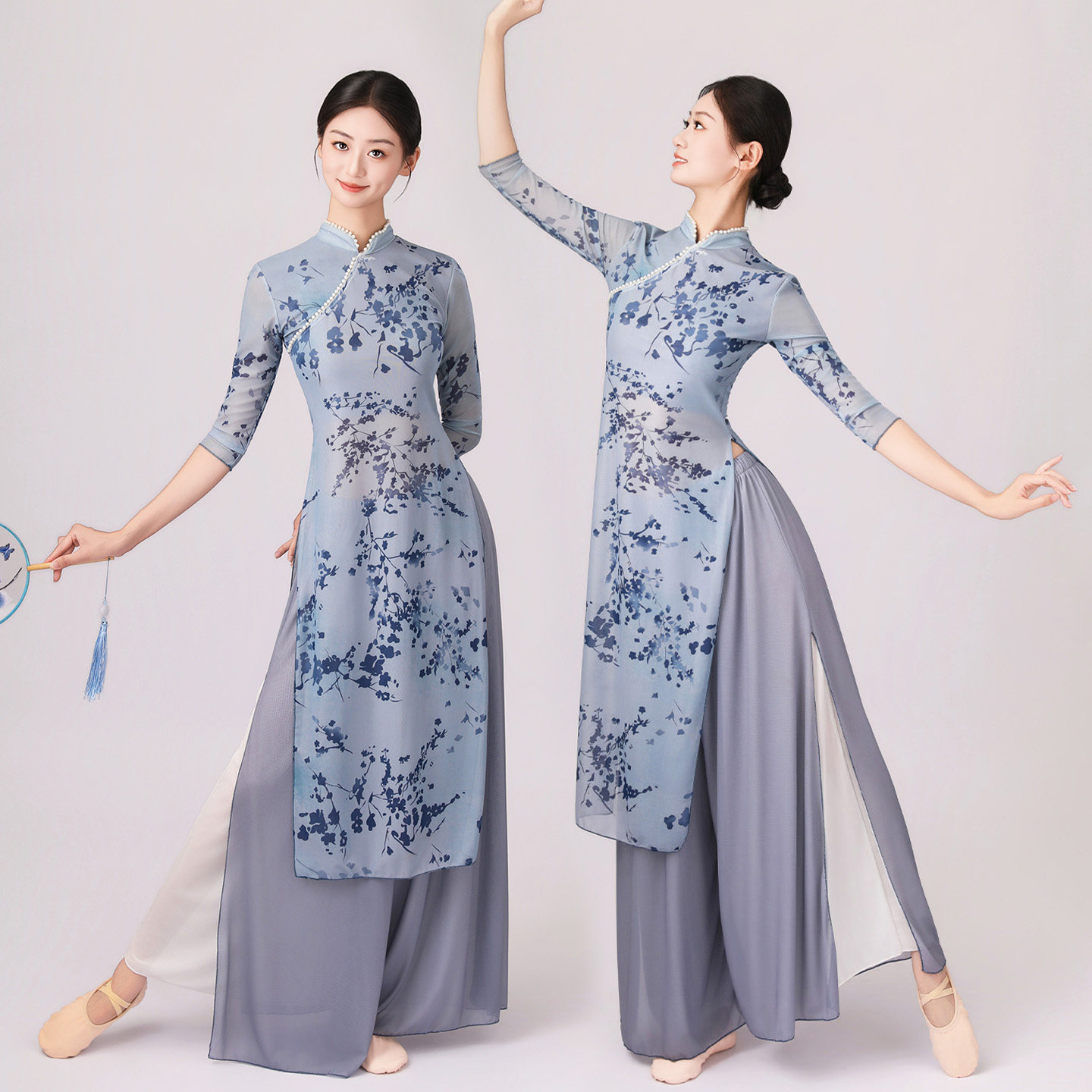 古典舞旗袍舞蹈服开叉新中式中国风女飘逸仙气短袖连衣裙舞台表演图片