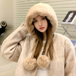 可爱毛球帽子女款2025新款冬季骑行防寒加厚护耳雷锋帽女毛绒棉帽