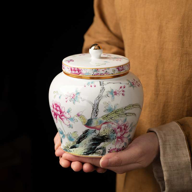 花鸟将军罐茶叶罐大号陶瓷密封罐防潮家用送礼茶叶盒茶包装罐
