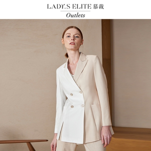 慕裁 杏仁白拼色双排扣西装两件套女优雅时髦通勤百搭西服/喇叭裤