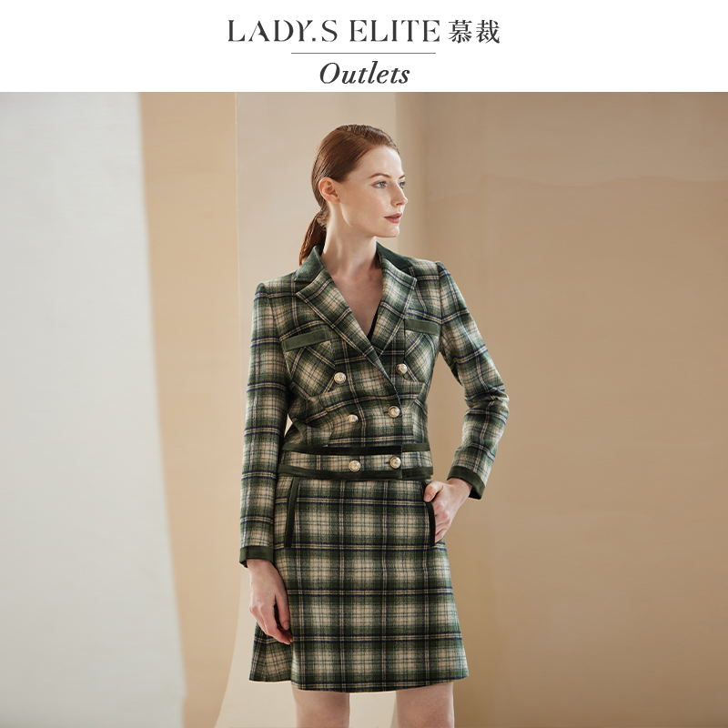 慕裁 格纹西服裙两件套复古丝绒通勤西服A字裙套装