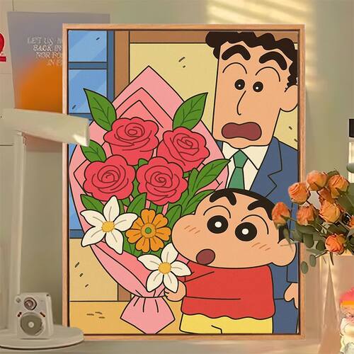 广志送美伢的花装饰画蜡笔小新全家福卡通挂画客厅卧室儿童房壁画