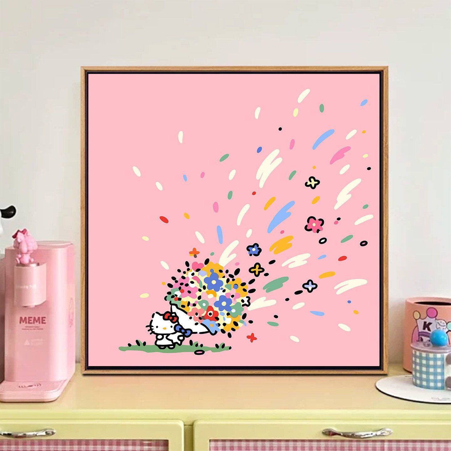 多巴胺凯蒂猫咪捧花客厅装饰画可爱桌面摆画卡通儿童房间卧室壁画