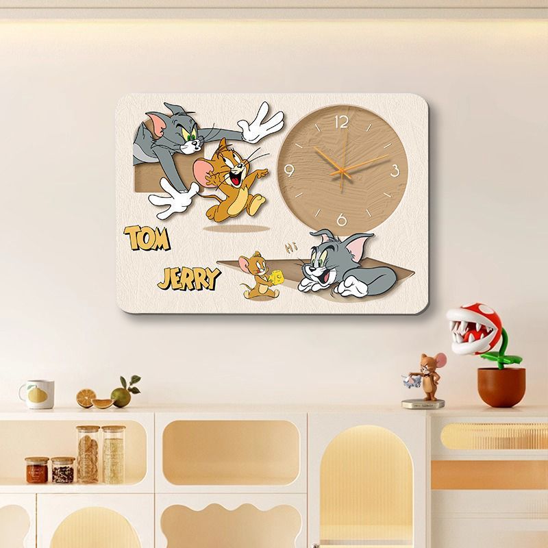猫和老鼠客厅装饰画带钟表奶油风2025新款挂画卧室挂钟餐厅时钟图片