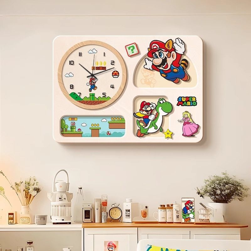 马里奥客厅玄关装饰画多巴胺卡通钟表挂画餐厅挂钟壁画卧室时钟图片