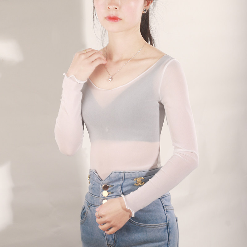 圆领网纱打底衫女夏薄款沙罩衫内搭纱衣透视洋气内衬长袖网纱上衣