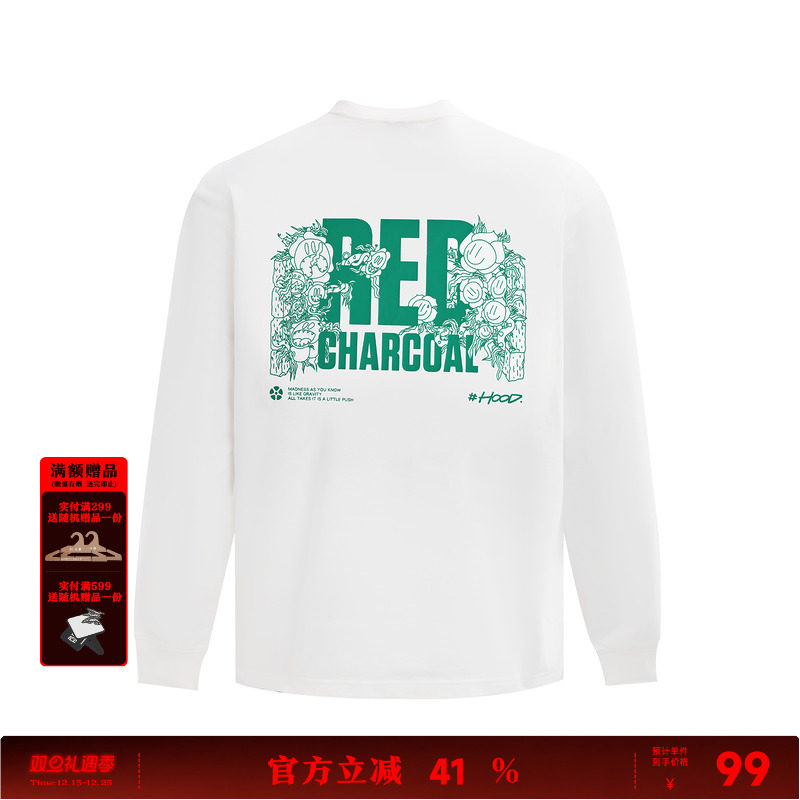 REDCHARCOAL红炭米白色后背植物印花长袖T恤男新款宽松情侣打底衫