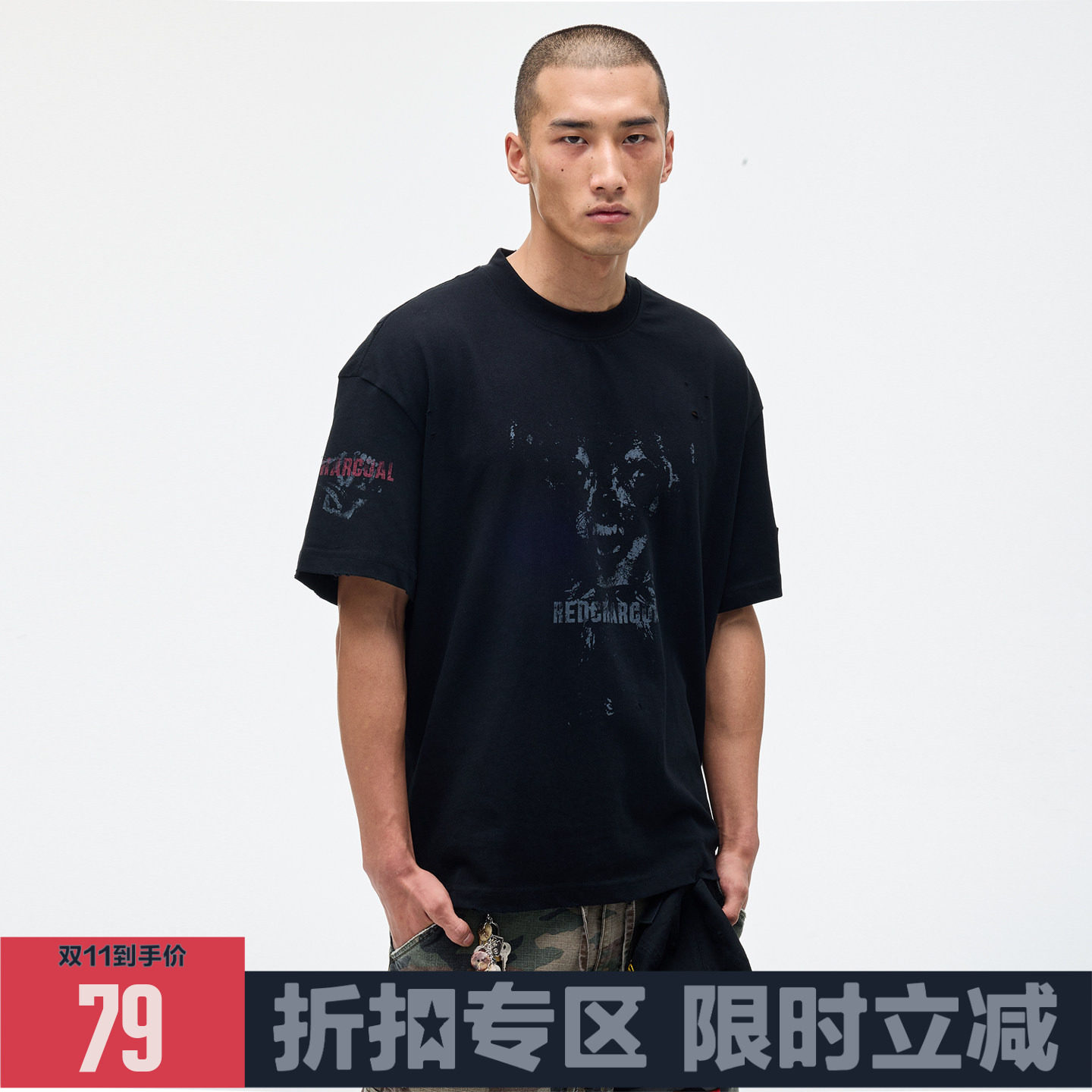REDCHARCOAL红炭 吉娃娃印花短袖T恤男宽松做旧夏季美式纯棉半袖