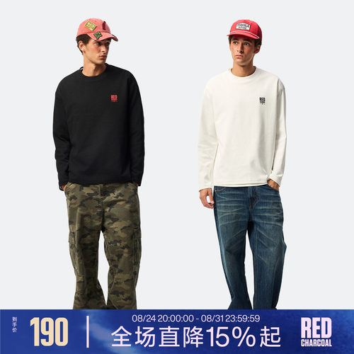红炭美式复古宽松长袖T恤男