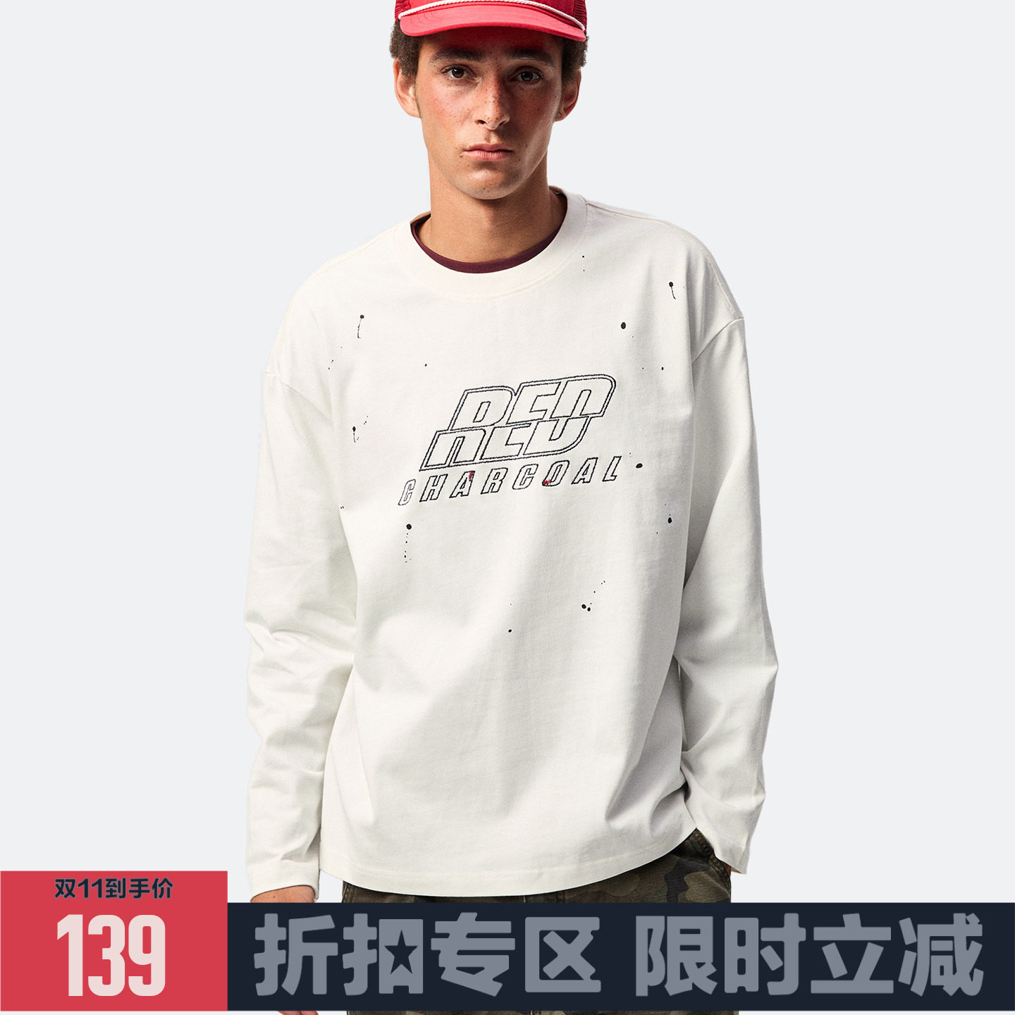 REDCHARCOAL红炭 330g纯棉重磅刺绣泼墨字体长袖T恤男美式复古长T