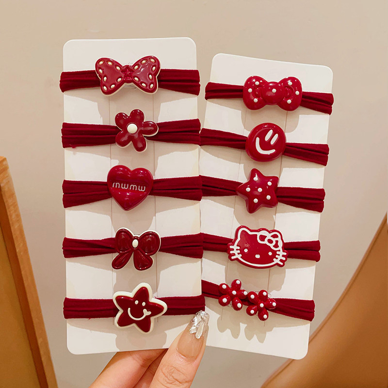 新年安可拉红儿童头绳可爱蝴蝶结波点发绳女童高弹不伤发皮筋头饰