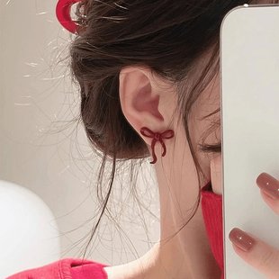 爆款 港风红色蝴蝶结耳钉女2024新款 小众设计感高级感轻奢气质耳饰