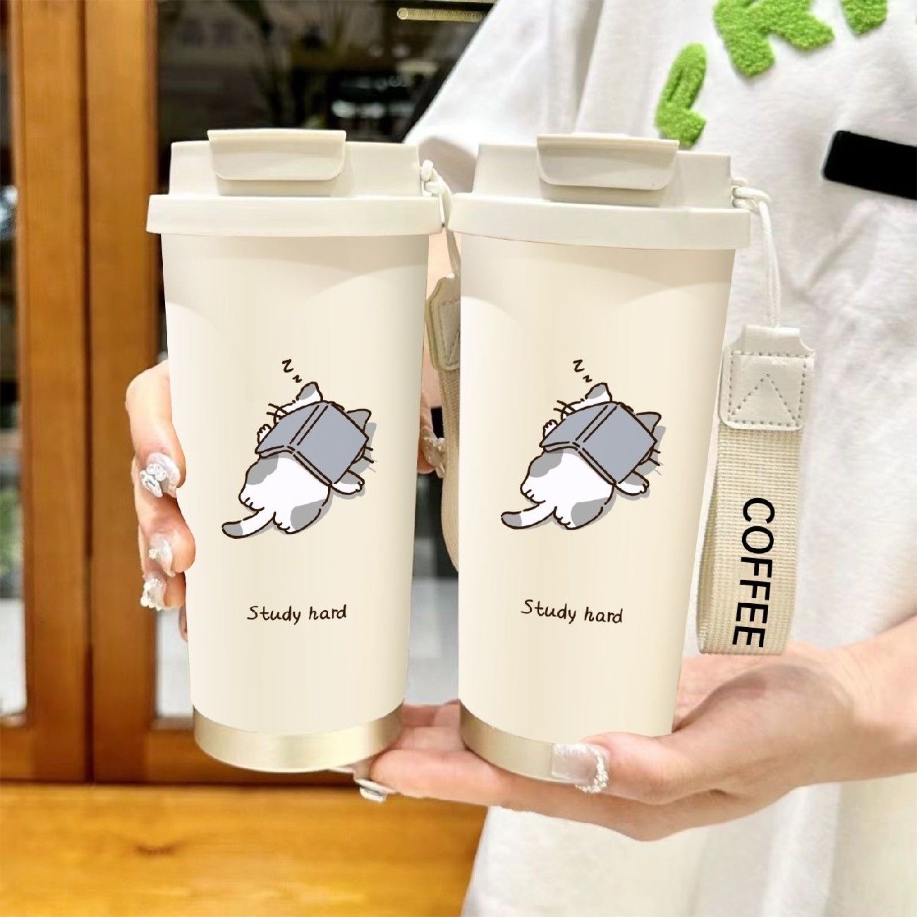 摆烂小猫316吸管保温杯高颜值学生小众双饮咖啡杯带提绳保冷杯子