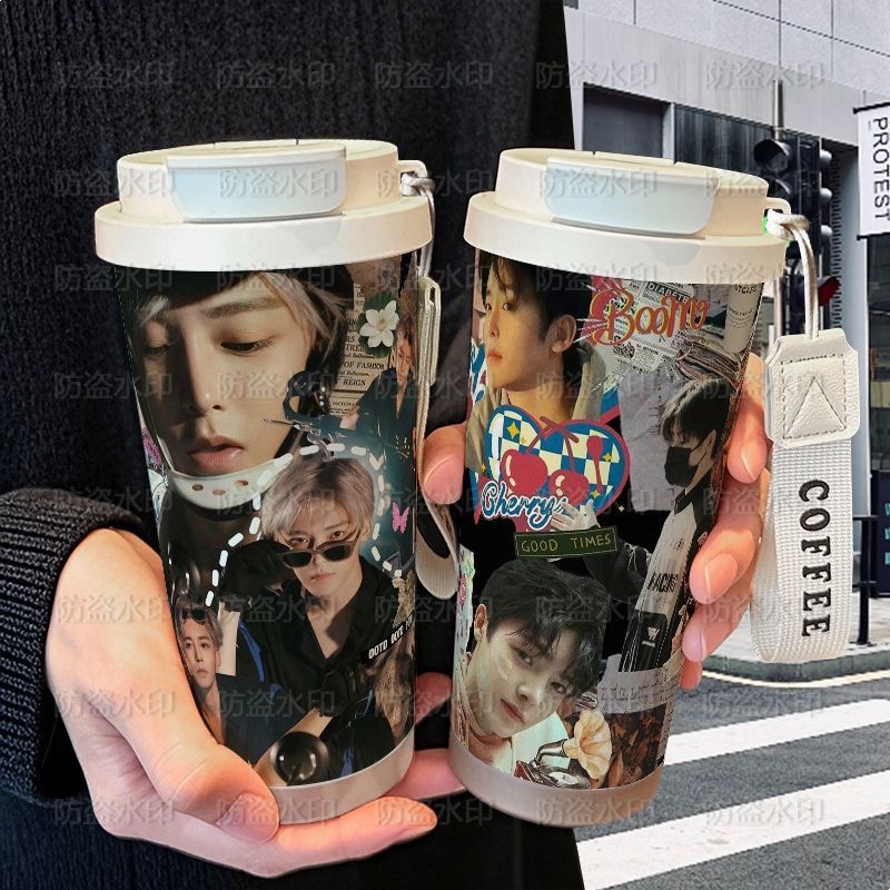 侯明昊明星周边保温杯学生便携ins高颜值316不锈钢吸管双饮咖啡杯