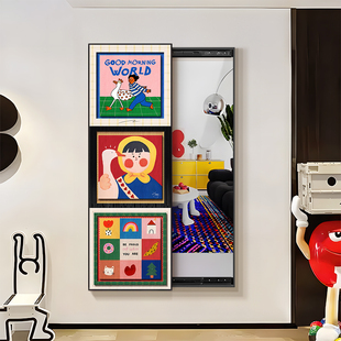 2025新款多巴胺全身镜挂墙装饰画隐藏式推拉全身镜客厅可关闭镜子