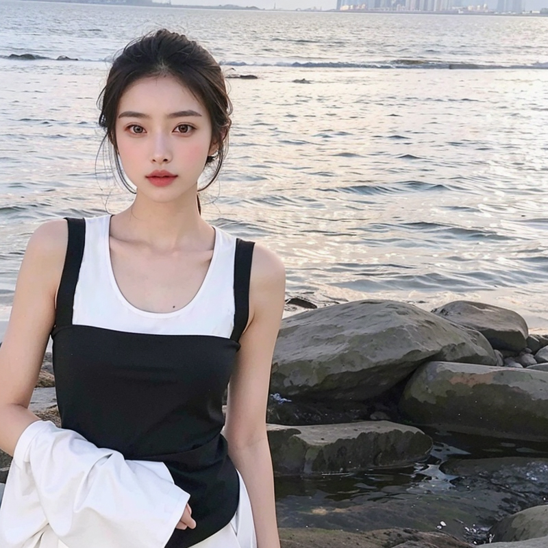 黑白拼色假两件针织衫背心女新款遮副乳外穿冰丝薄款坎肩无袖上衣