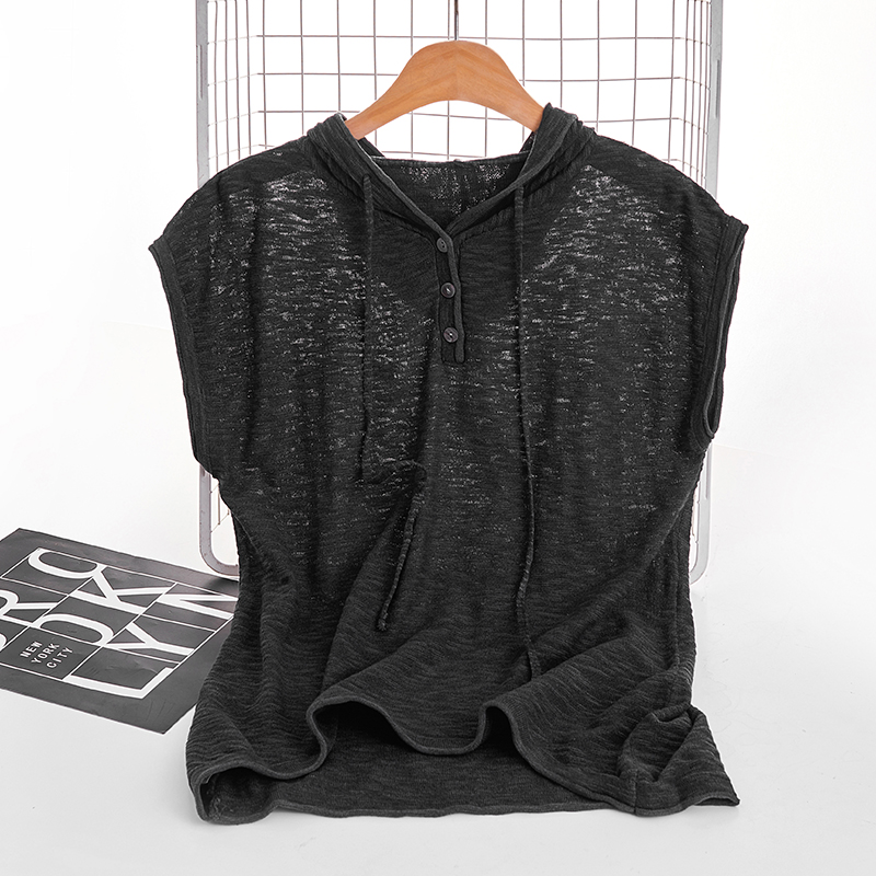 纯色薄款短袖针织衫背心连帽衫