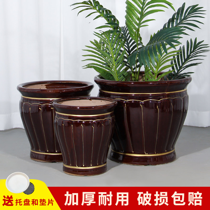 新中式古典陶瓷大口径花盆金钱树天堂鸟客厅室内外通用盆送托盘