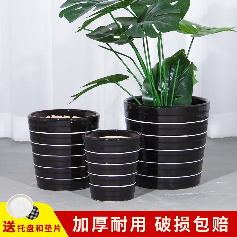 简约个性黑色陶瓷小花盆大号客厅室内外多肉君子兰绿萝花盆带托盘,鲜花速递/花卉仿真/绿植园艺,花盆,淘宝优惠券,粉丝福利购,淘宝优惠卷