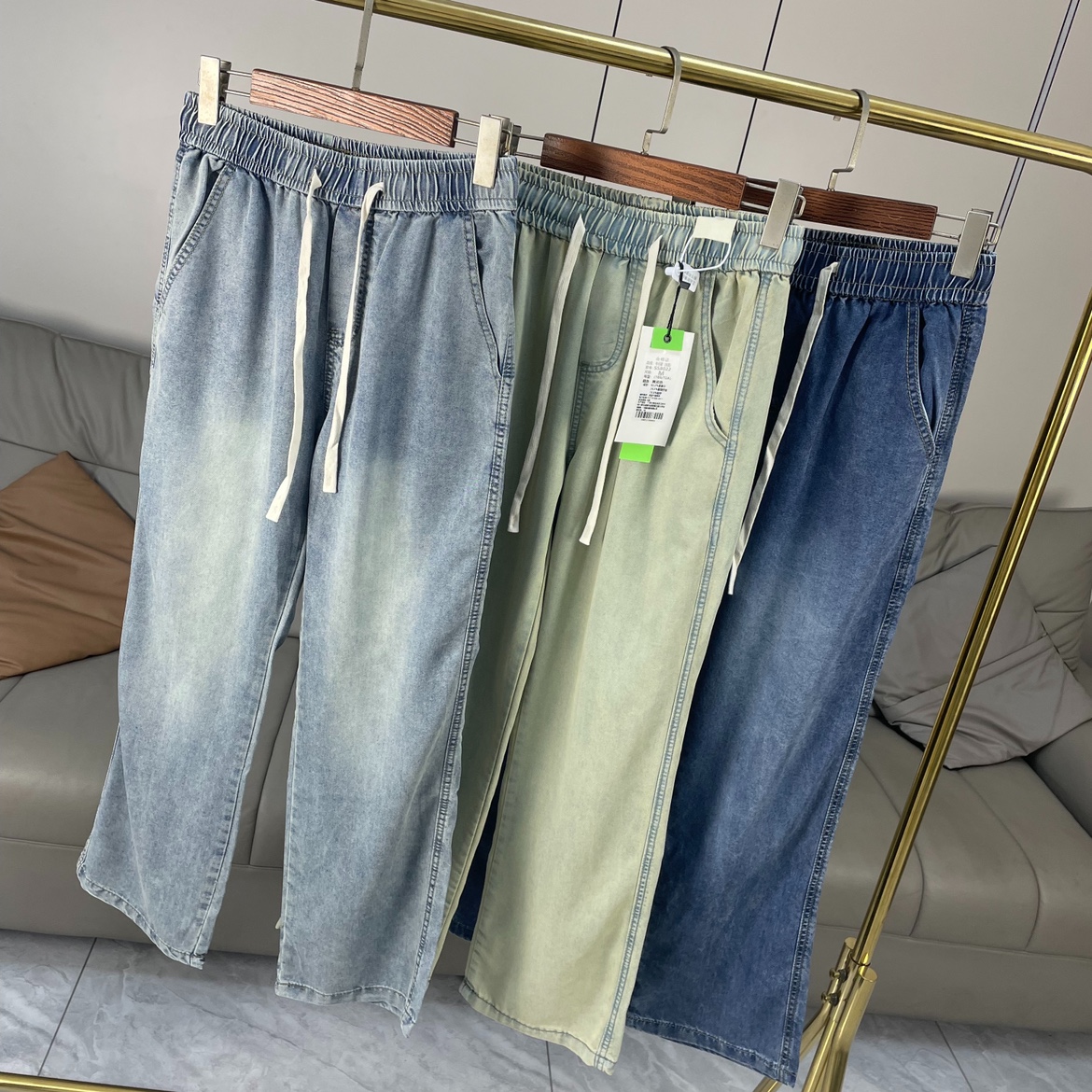 NIAOXI 水洗做旧宽松休闲裤 春季外贸男装松紧腰修身直筒牛仔长裤