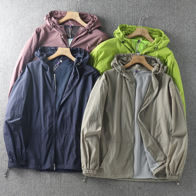 轻量透气防水网面内衬防晒衣春夏男士纯色户外骑行连帽薄夹克外套