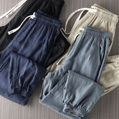 亚麻男士 春夏松紧腰束脚休闲裤 薄款 出口荷兰订单100 透气舒适长裤