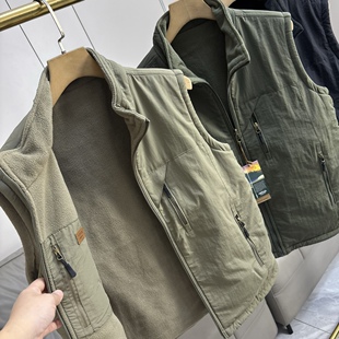 双面穿！户外防水+摇粒绒 外贸男装秋冬纯色多口袋立领马甲外套