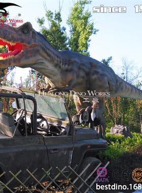 户外仿真恐龙模型仿真霸王龙脚踩吉普车大型机械电动恐龙摆件.