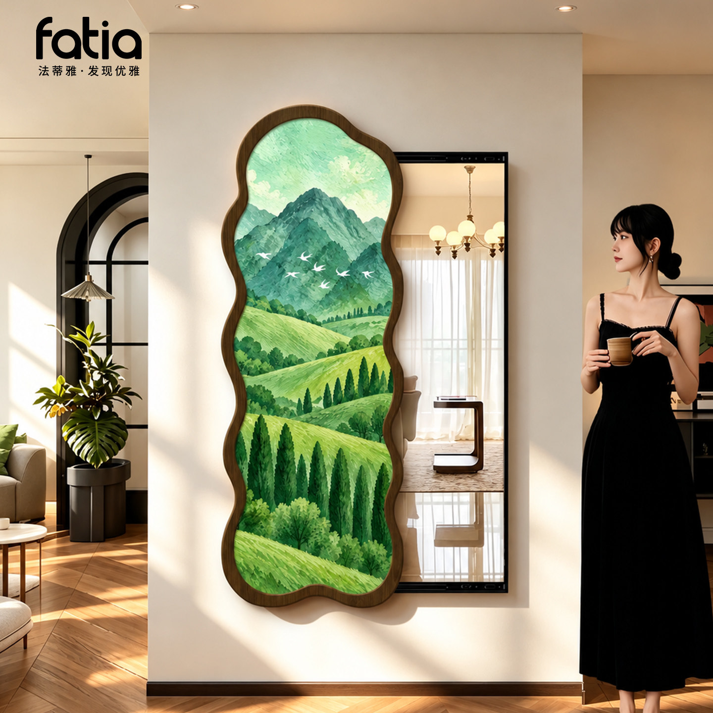 法式中古风玄关暗藏式全身穿衣镜上墙装饰画隐藏推拉壁画镜挂画