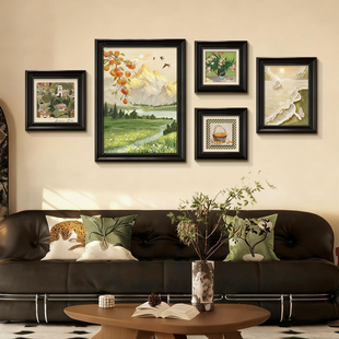 沙发背景墙挂画法式中古风客厅装饰画复古油画艺术组合壁画高级感
