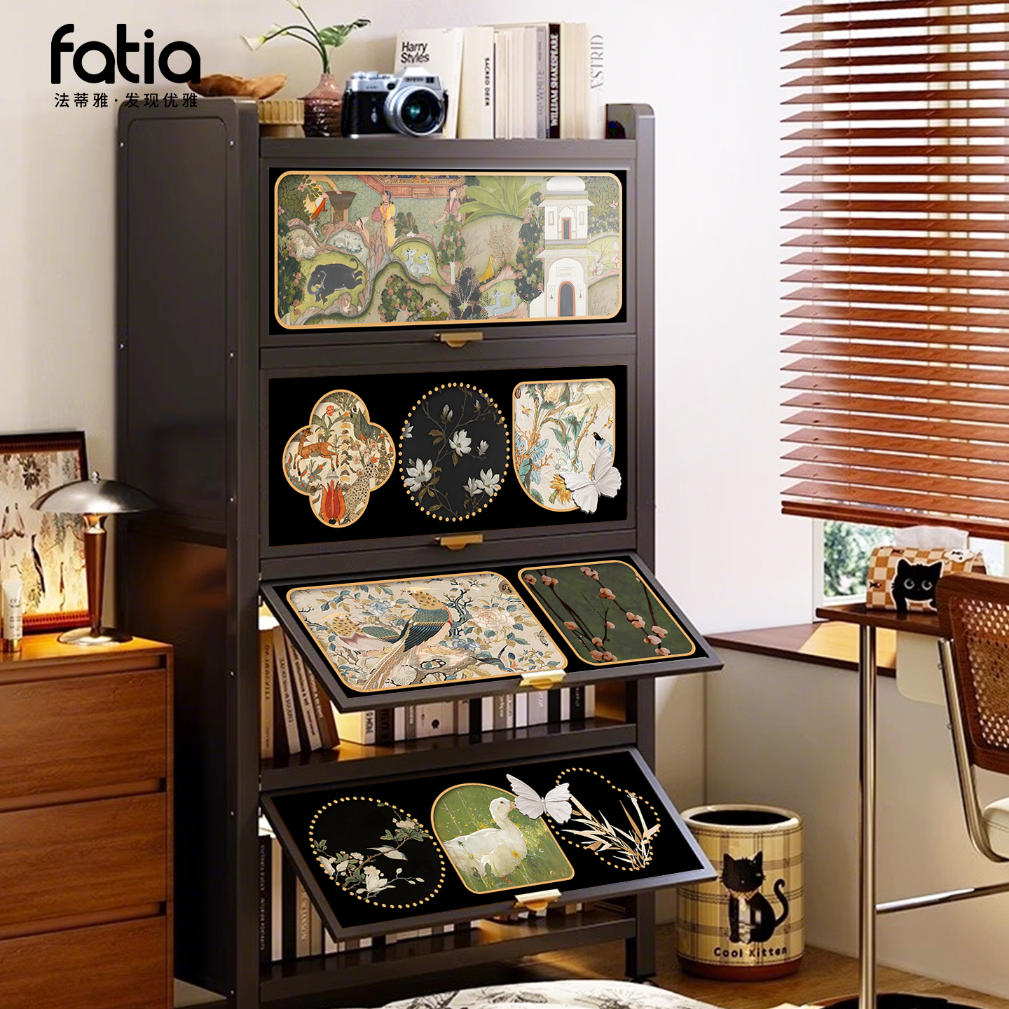 中古风书柜储物柜一体靠墙家用钢制书架客厅铁皮收纳柜防尘落地