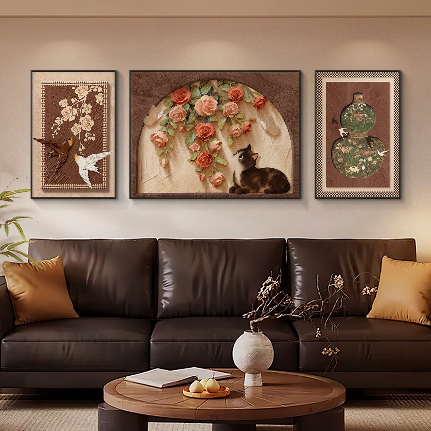 中古风猫咪客厅挂画高级感法式复古花卉沙发背景墙装饰画玫瑰壁画,家居饰品,现代装饰画,淘宝优惠券,粉丝福利购,淘宝优惠卷