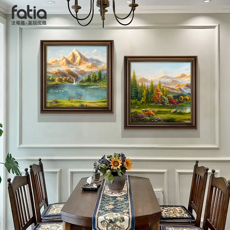 聚宝盆山水画美式餐厅装饰画2025新款餐桌墙面装饰高档风景画壁画