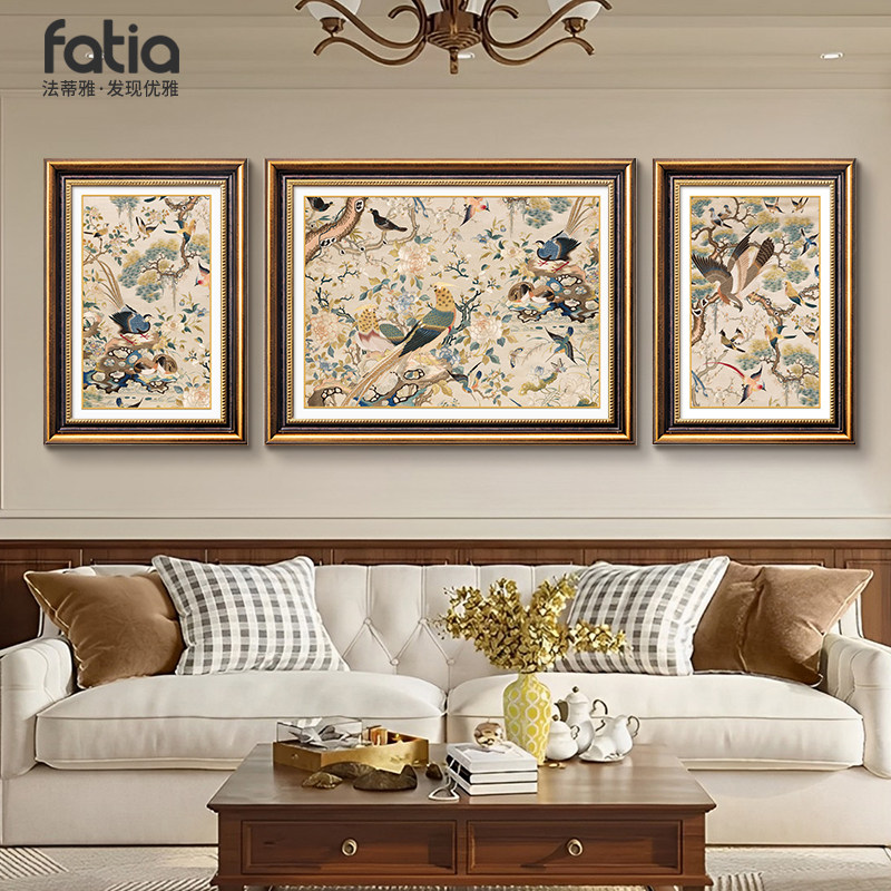 美式客厅装饰画法式复古挂画中古沙发背景墙新中式广绣百鸟争鸣图,家居饰品,现代装饰画,淘宝优惠券,粉丝福利购,淘宝优惠卷