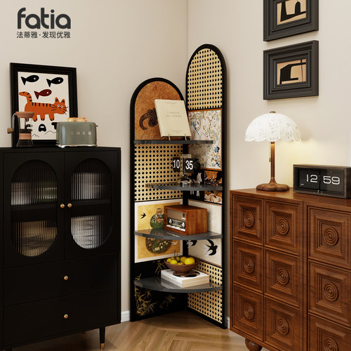 中古风客厅转角置物架装饰摆件电视柜旁收纳柜落地三角柜2025新款