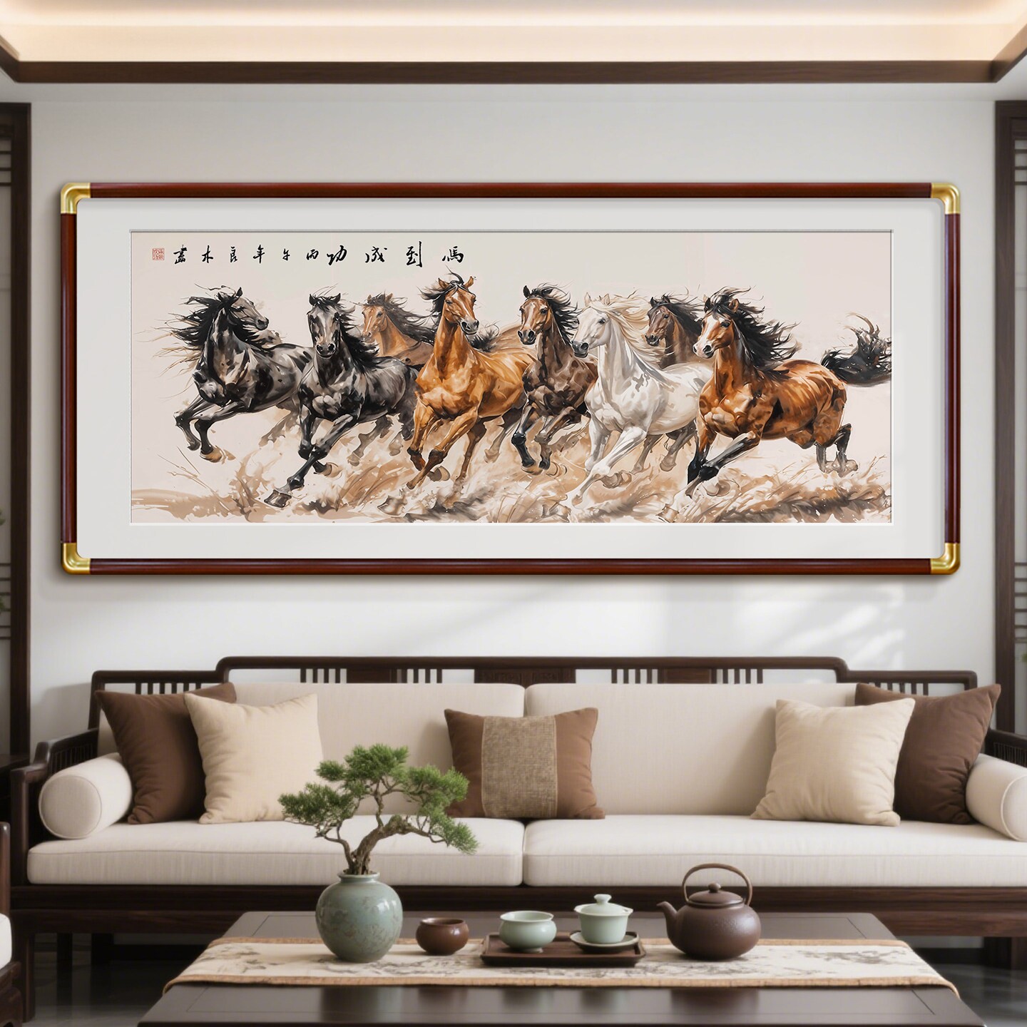 马到成功字画新中式八骏图办公室背景墙装饰画客厅墙挂画国画壁画
