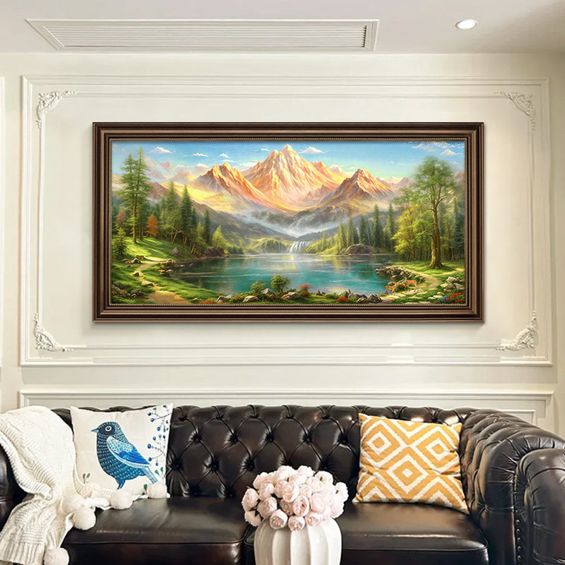 客厅挂画聚宝盆山水画美式沙发背景墙装饰画欧式风景手绘油画壁画