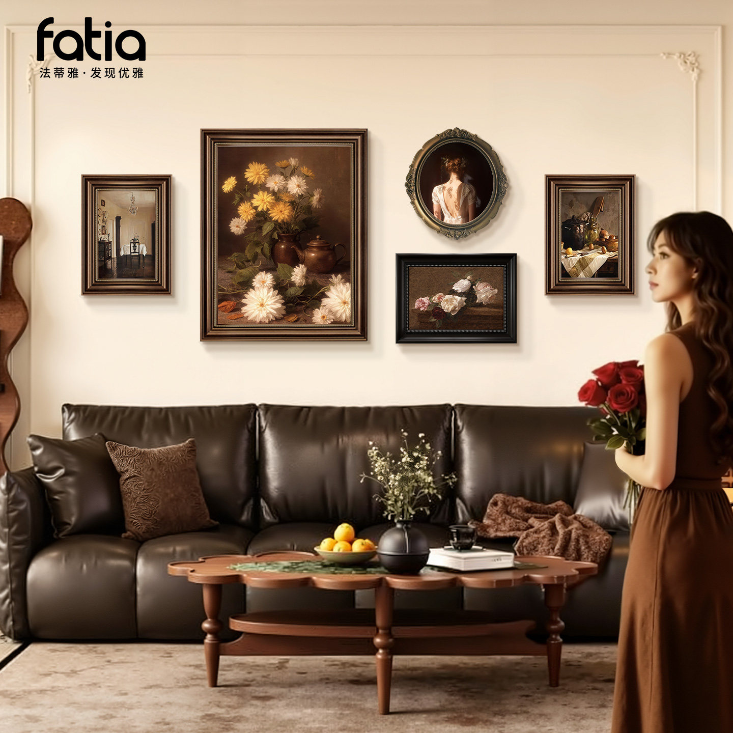 法式复古花卉油画客厅装饰画美式人物沙发墙挂画小众艺术卧室壁画