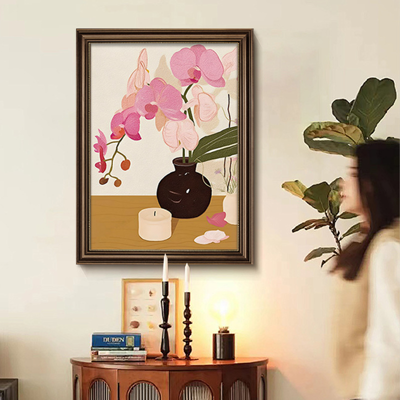 中古风玄关装饰画花卉静物挂画入户走廊过道复古油画壁画高档大气图片