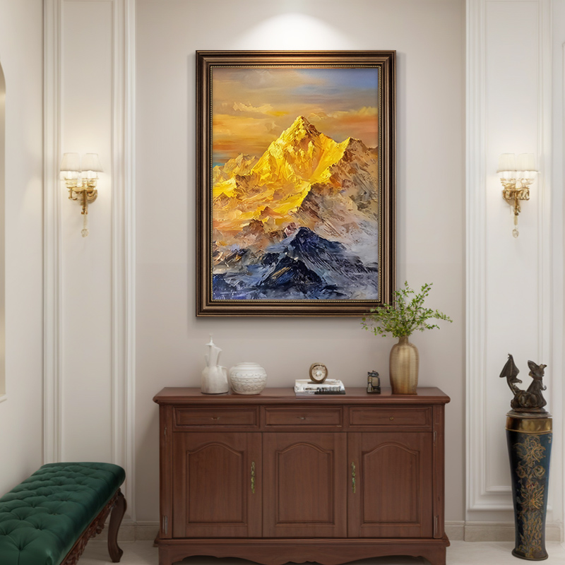 日照金山玄关装饰画入户正对门大芬村手绘油画客厅挂画高级感壁画图片