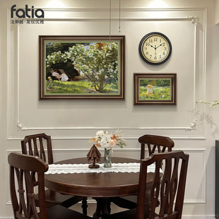 餐桌背景墙莫奈客厅挂画带钟表 饰画轻奢高级感2025新款 美式 餐厅装