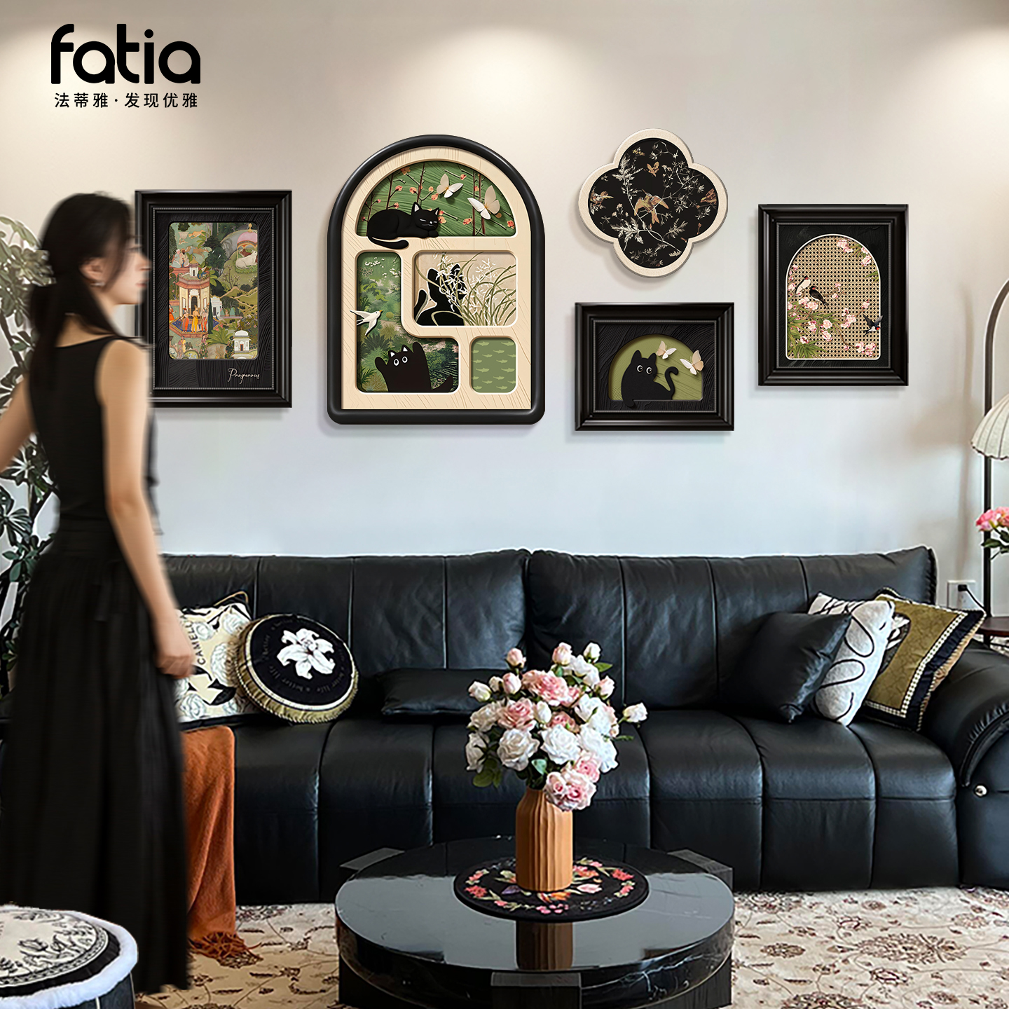 中古风猫咪客厅装饰画沙发背景墙挂画2025新款创意组合壁画高级感图片