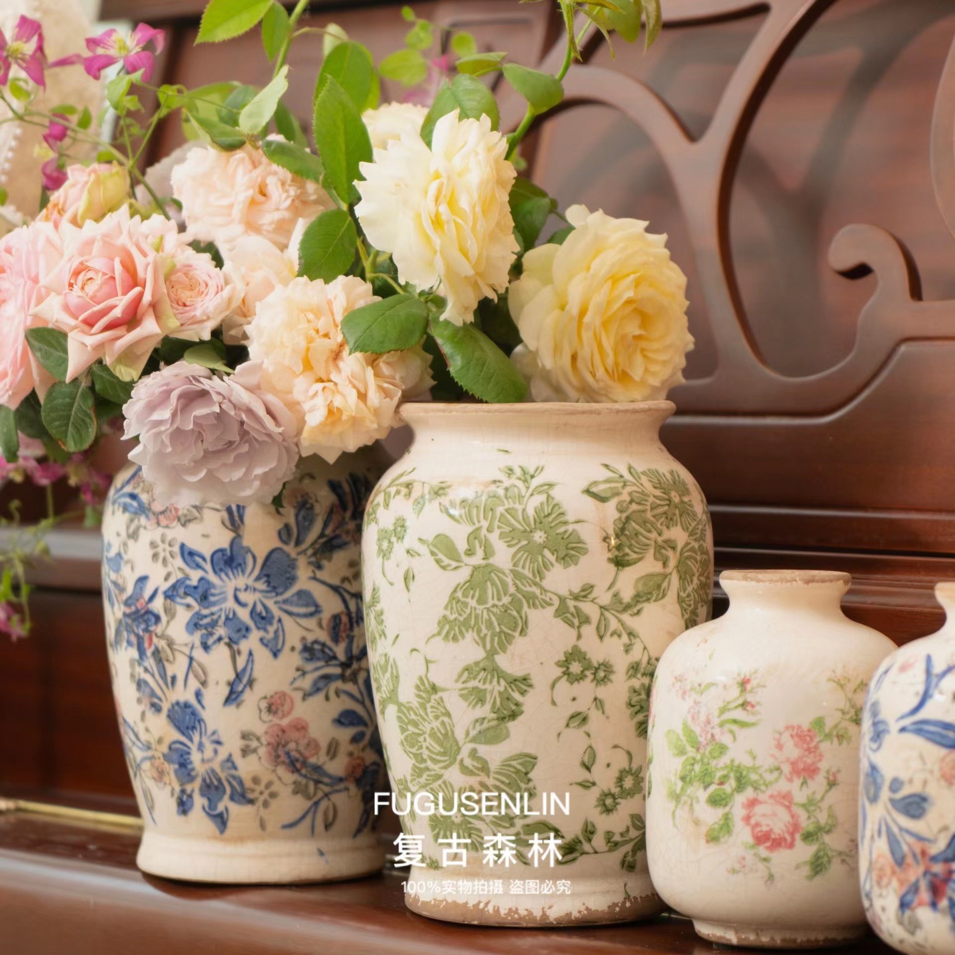 美式陶瓷花瓶青花冰裂釉花纹复古做旧古典居家装饰瓷器水培干鲜花