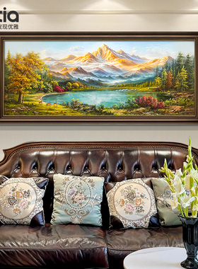 油画客厅挂画沙发背景墙装饰画聚宝盆山水画手绘西墙壁画高级感